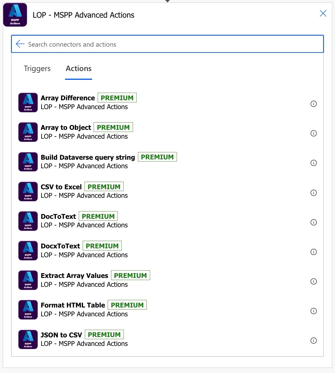 Custom connector actions list